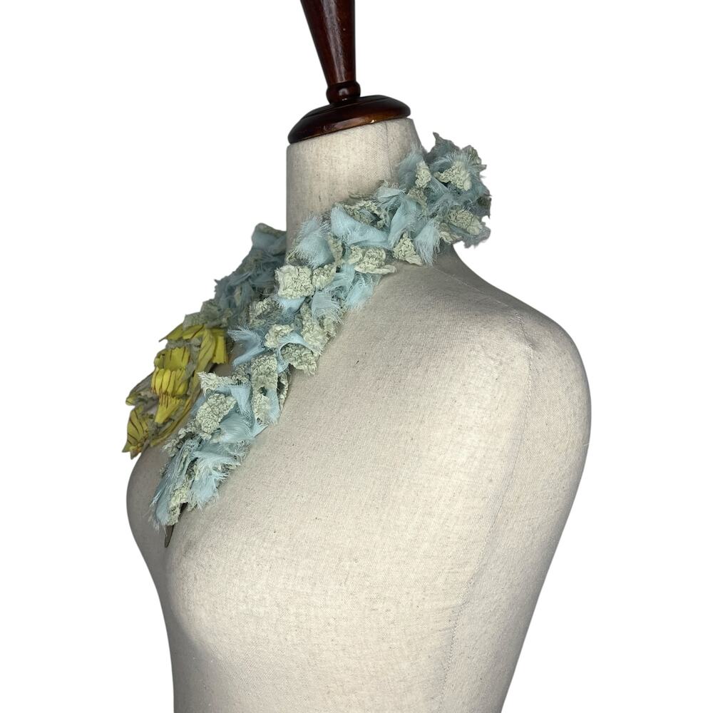 Georgina Von Etzdorf Womens Scarf 27" Blue Lei Garland Ruffle Gold Disc England - Picture 3 of 9